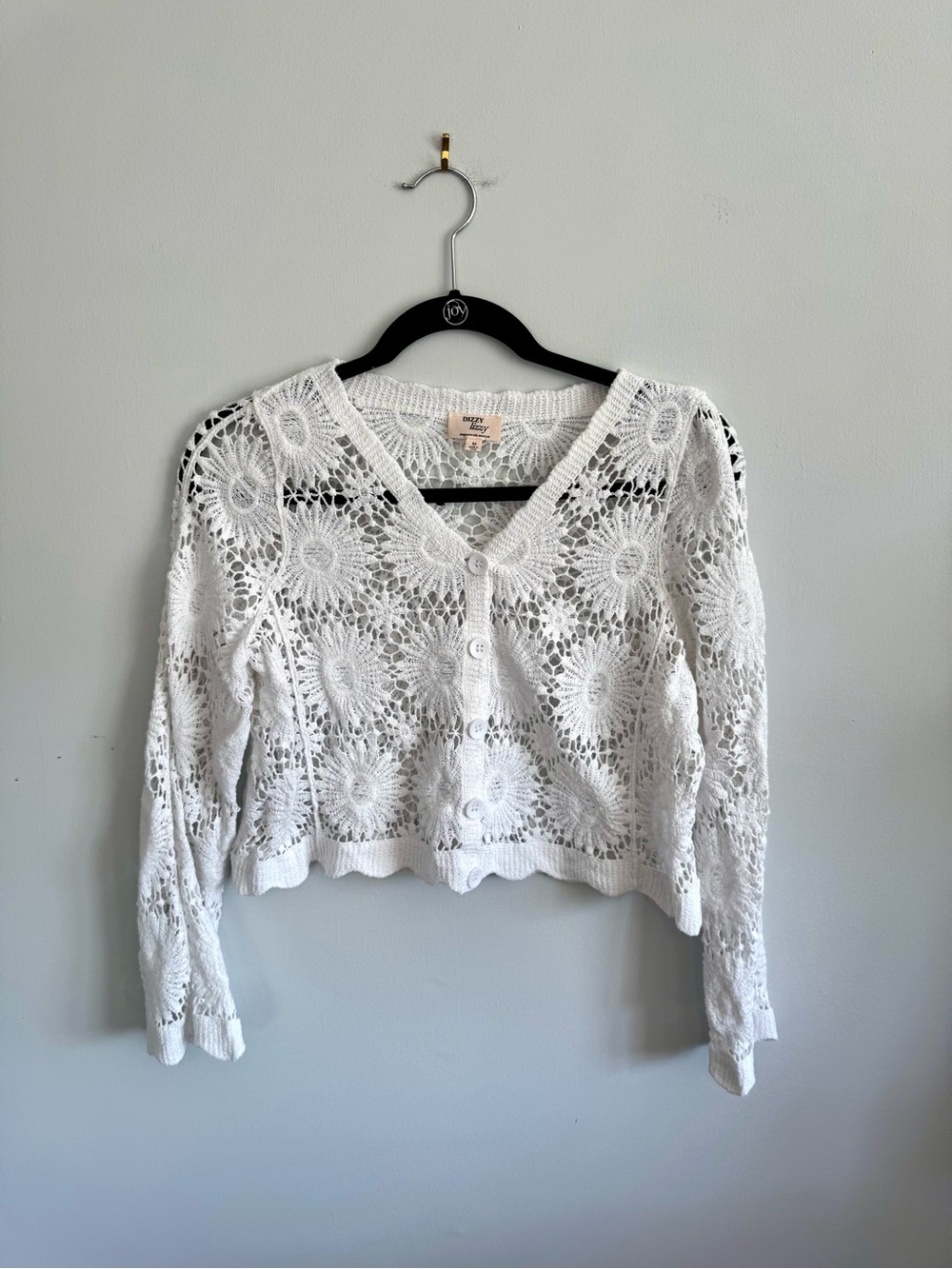 Dizzy Lizzy - White Crochet Button-Front Cropped Cardigan - Long Sleeve, Medium